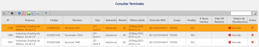 Consulta de terminales vencidas