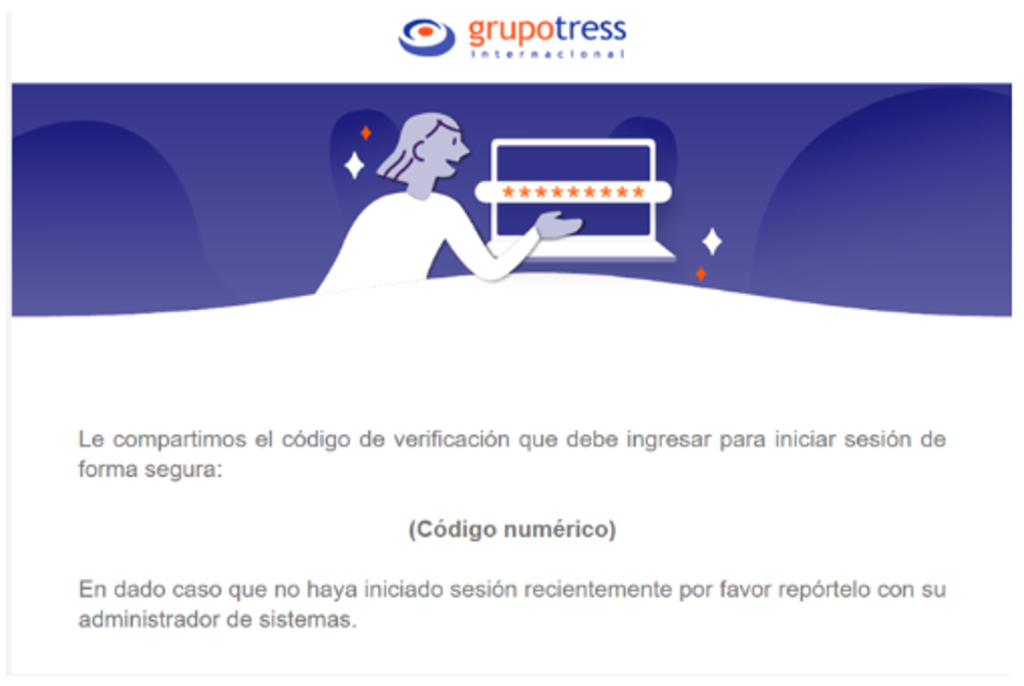 Correo electrónico con el código de verificación de Sistema TRESS