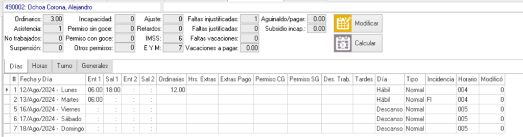 1er ejemplo del cálculo de periodo actual prenómina 