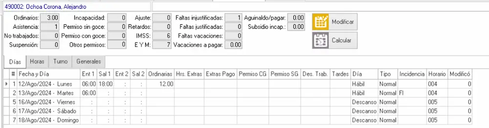 1er ejemplo del cálculo de periodo actual prenómina 