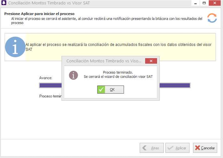 Ventana de Sistema TRESS de proceso de Conciliación de Timbrado terminado