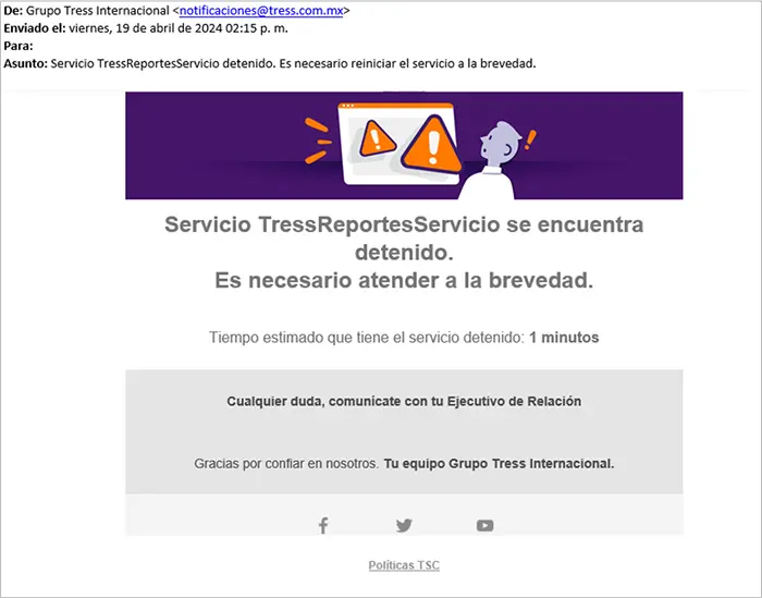 Notificación de Sistema TRESS por correo.