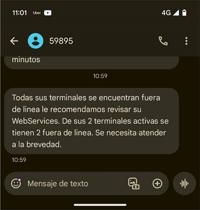 Notificación de Sistema TRESS por mensaje de texto sobre el uso de terminales, mostrando información relevante. La imagen incluye gráficos y texto explicativo sobre el funcionamiento y las actualizaciones del sistema.