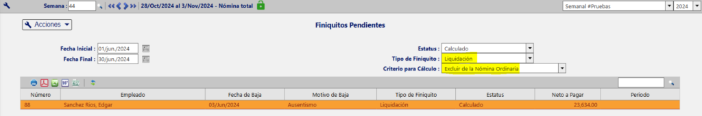 Consulta que se pueden realizar en Finiquitos Pendientes: Tipo de finiquito.