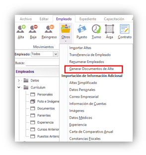 Captura pestaña : Esta la encontrarás en la pestaña Empleado | Movimientos | Otros | Generar Documento de Alta.