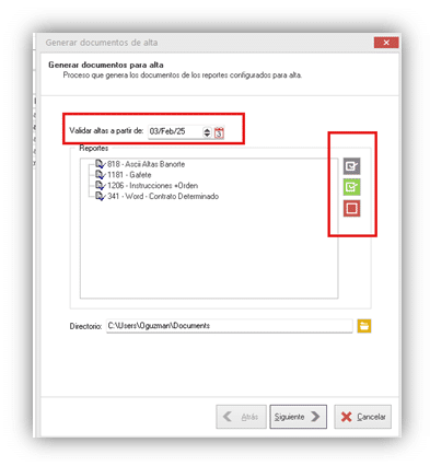 Captura generar documentos de alta - validar altas apartir de: